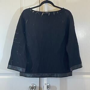 Lafayette 148 Cutout and Faux Leather Trim Sweater - Women Size M - Black